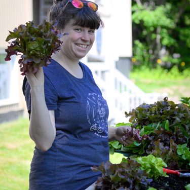 Une horticultrice sourit en tenant une laitue fraîchement cueillie.