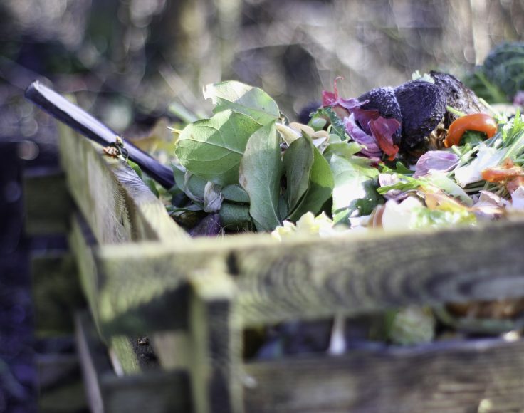 Des résidus de légumes sont empilés dans un bac de bois, avec une petite pelle manuelle déposée sur le côté.