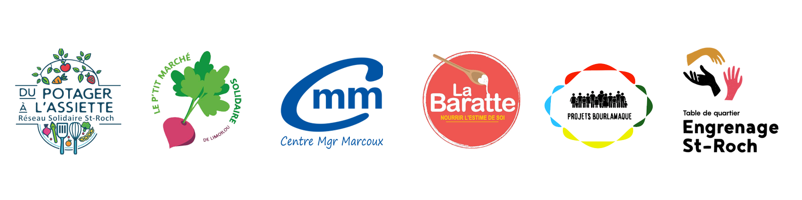 Logo Du potager à l'assiette, Le P'tit marché solidaire de Limoilou, Centre Mgr Marcoux, La Baratte, Projets Bourlamaque, Engrenage St-Roch